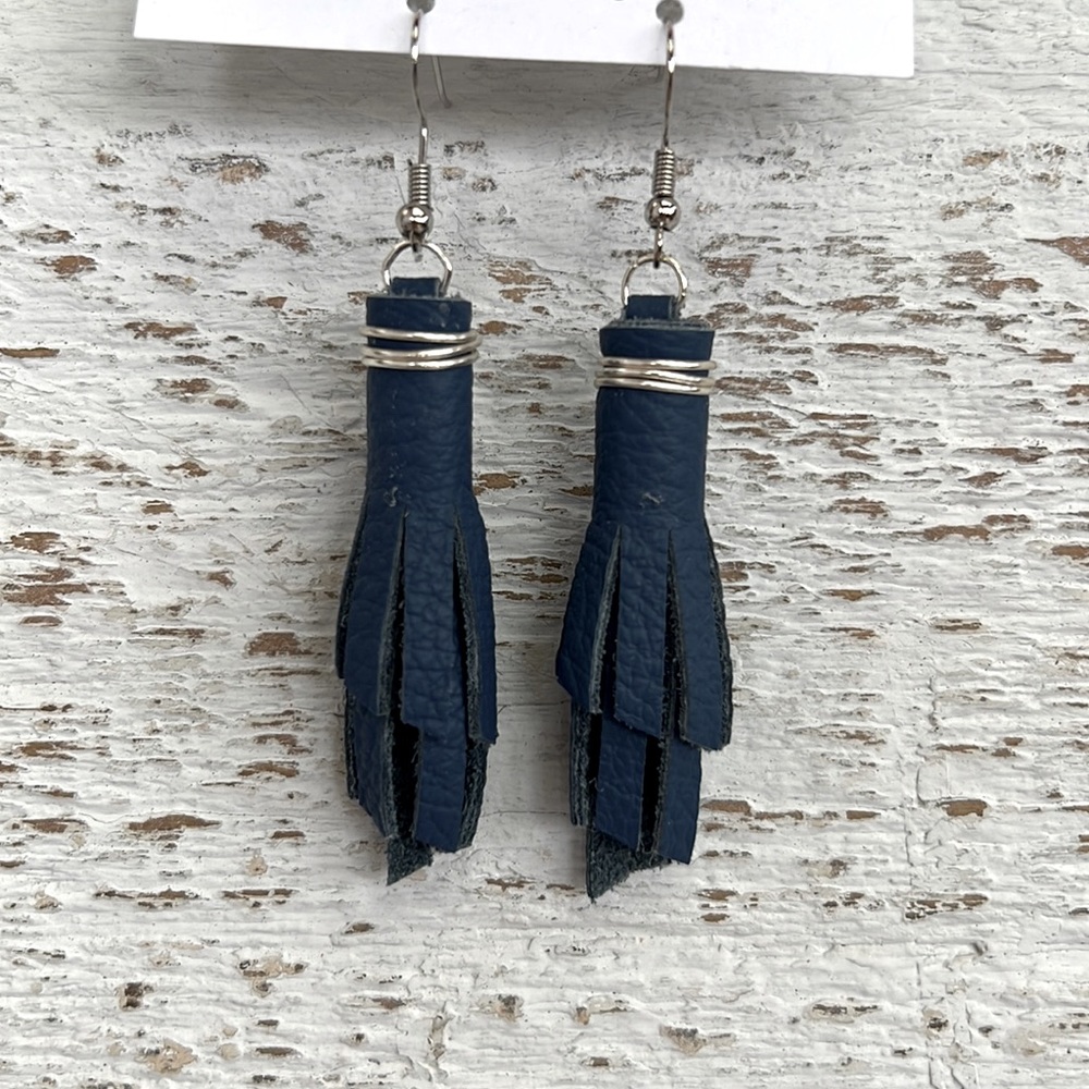Handmade Leather Fringe Blue Earrings